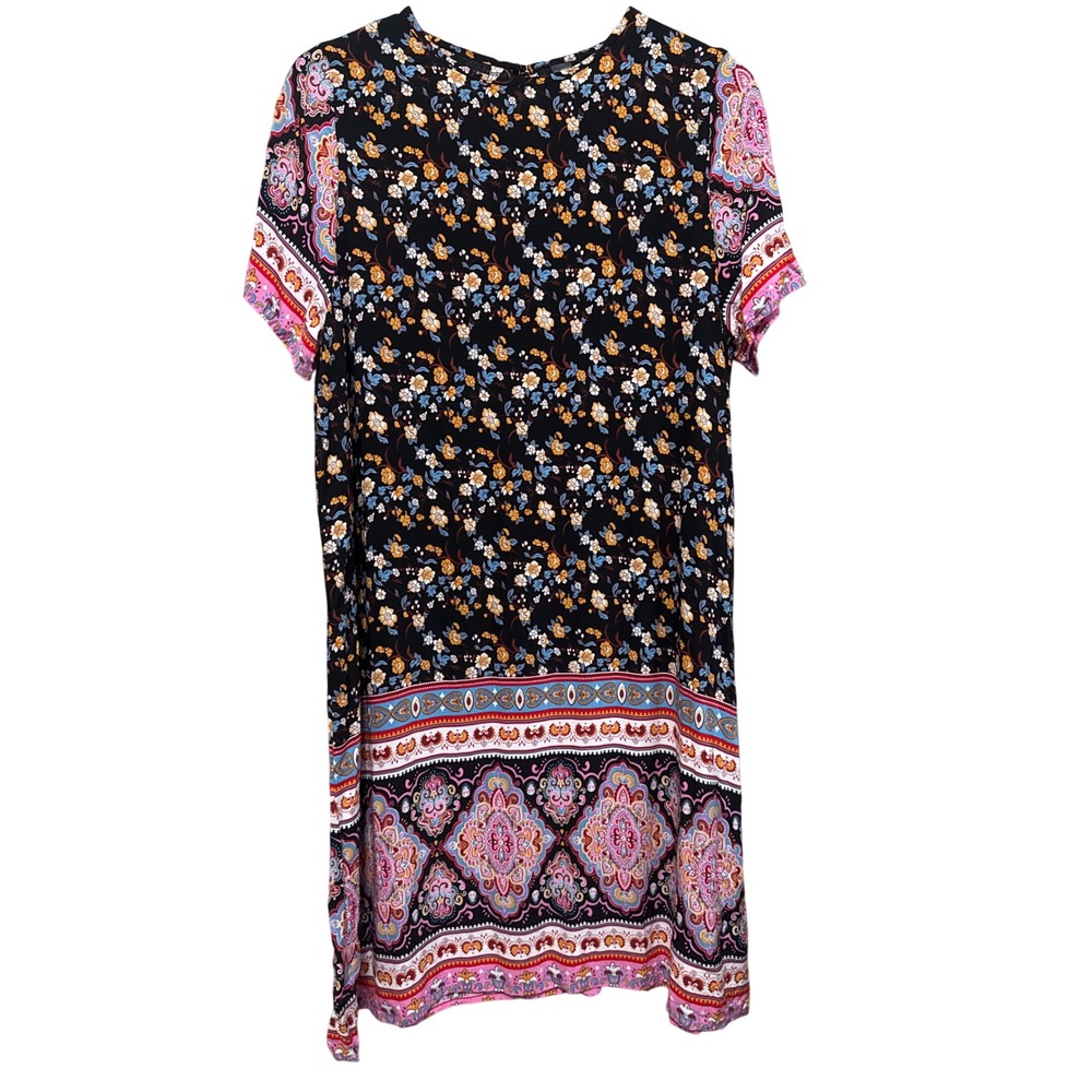 Emery Rose Shift Dress Women XL Black Floral Paisley Boho Excellent Short Sleeve